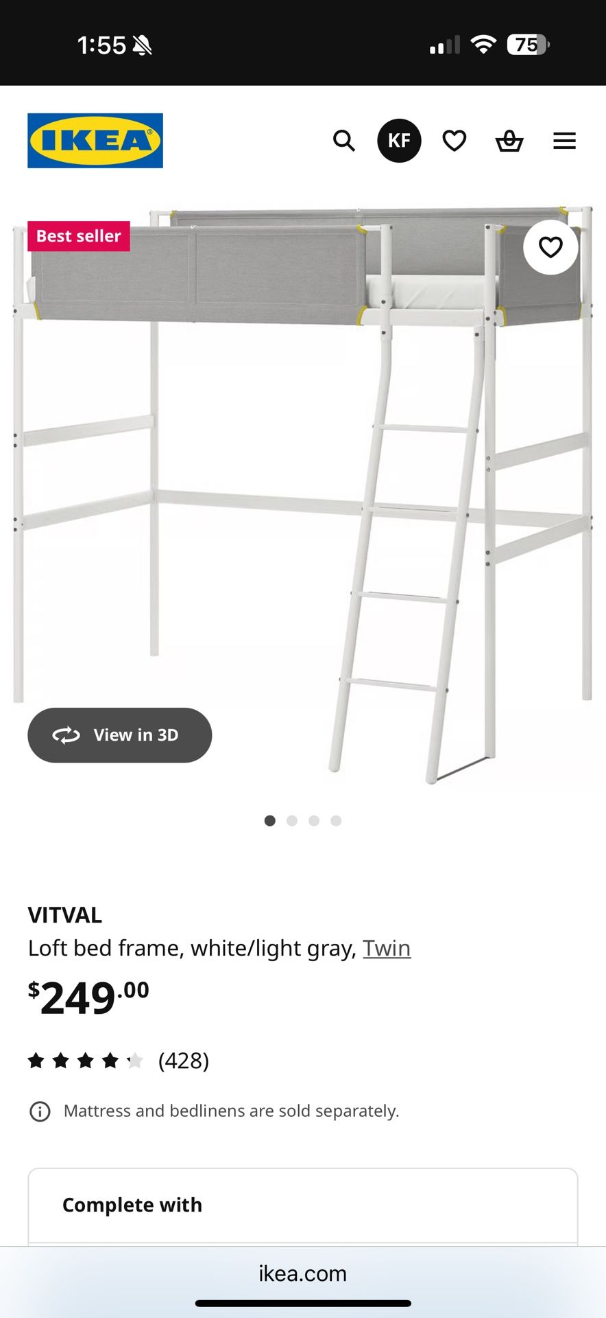 VITVAL Loft bed frame, white/light gray, Twin