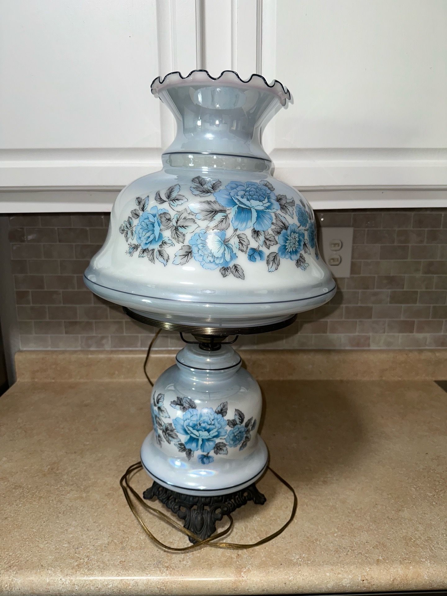Vintage blue floral hurricane lamp