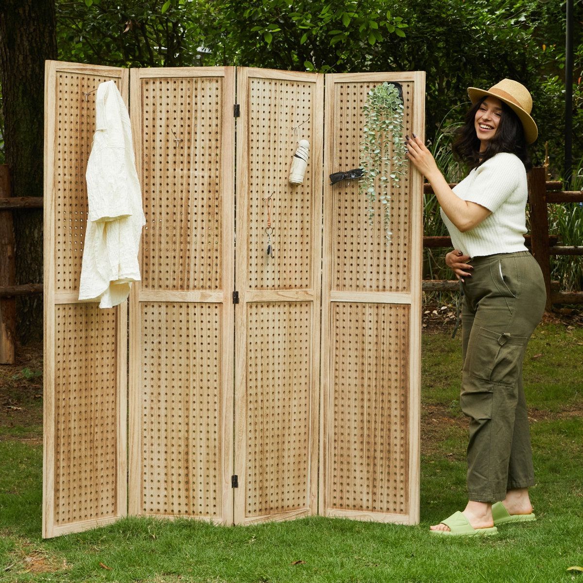 Room Divider Pegboard Display -66.8'' H Wooden Folding Privacy Screens