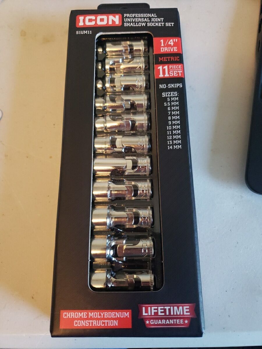 Icon Professional Universal Joint Shallow Socket Set 1/4 In Drive Metric 11 Piece Set No Skips