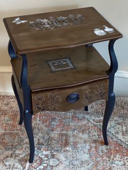 Vintage blue apothecary decorated side table