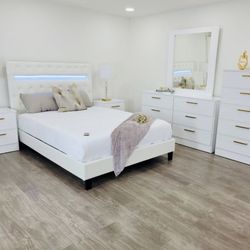 Bedroom Set  Queen  Zize White Glossy   Juego De Cuatro Blanco De BrilloTamaño Queen  