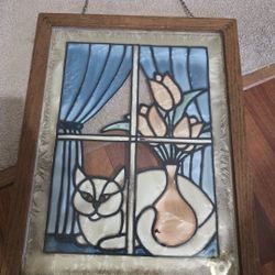 STAINED GLASS WHITE CAT FRAMED 