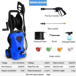WHOLESUN 3000PSI Electric Pressure Washer 2.4GPM Power Washer 1600W High Pressure Cleaner Machine with 4 Nozzles Foam Cannon for Cars, Homes, Driveway