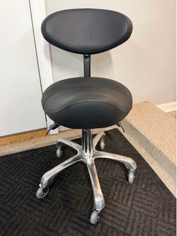 Brand New Black/Chrome Height Adjustable Rolling Saddle Stool w/Rollerblade Wheels
