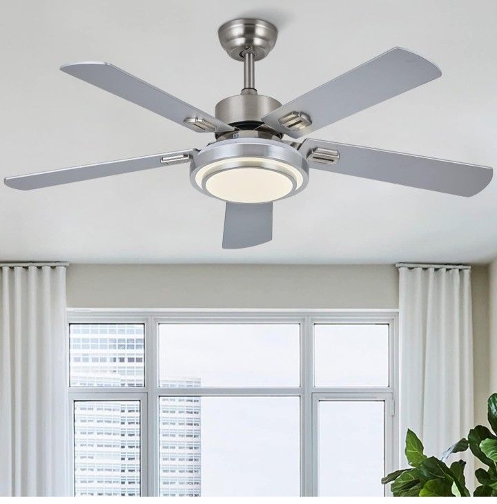 52” Modern Ceiling Fans with Lights Remote Control, Smart Ceiling Fan with Light Brushed Nickel 5-Blades, Indoor Ceiling Fans Light Fixtures for Livin