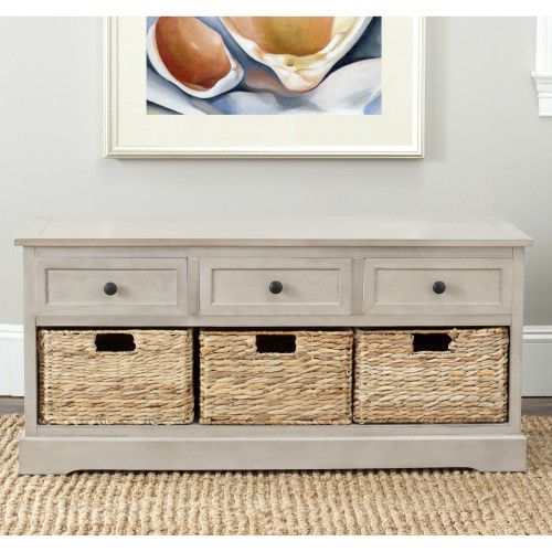 Gray Storage Bench with 3 Wicker Baskets and 3 Drawers Wood Home Decor