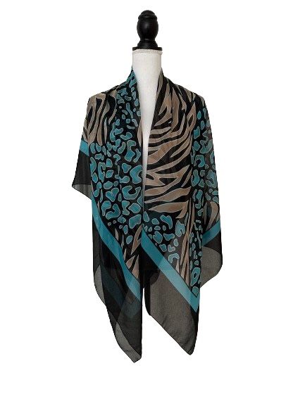 New Carol Wior Animal Print Scarf Sarong Brown/Black/Blue, Sz 60,5”x46,5”