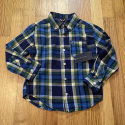 Tommy Hilfiger Long Sleeve Button Up Shirt Boys 4 Blue Green Yellow Plaid - NEW