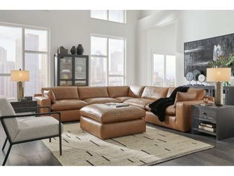 Emilia Caramel Leather 5pc Modular Sectional and Ottoman
