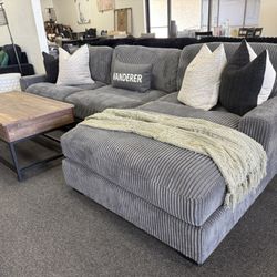 Sectional In Grey Corduroy Fabric Modular Sofa With Chaise