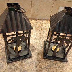 Pair Metal Palm Tree Lanterns Votive Holders