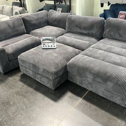 New 5 Piece Corduroy Modular Sectional.  Grey.  64 X 127 X 66H.  Free Delivery!