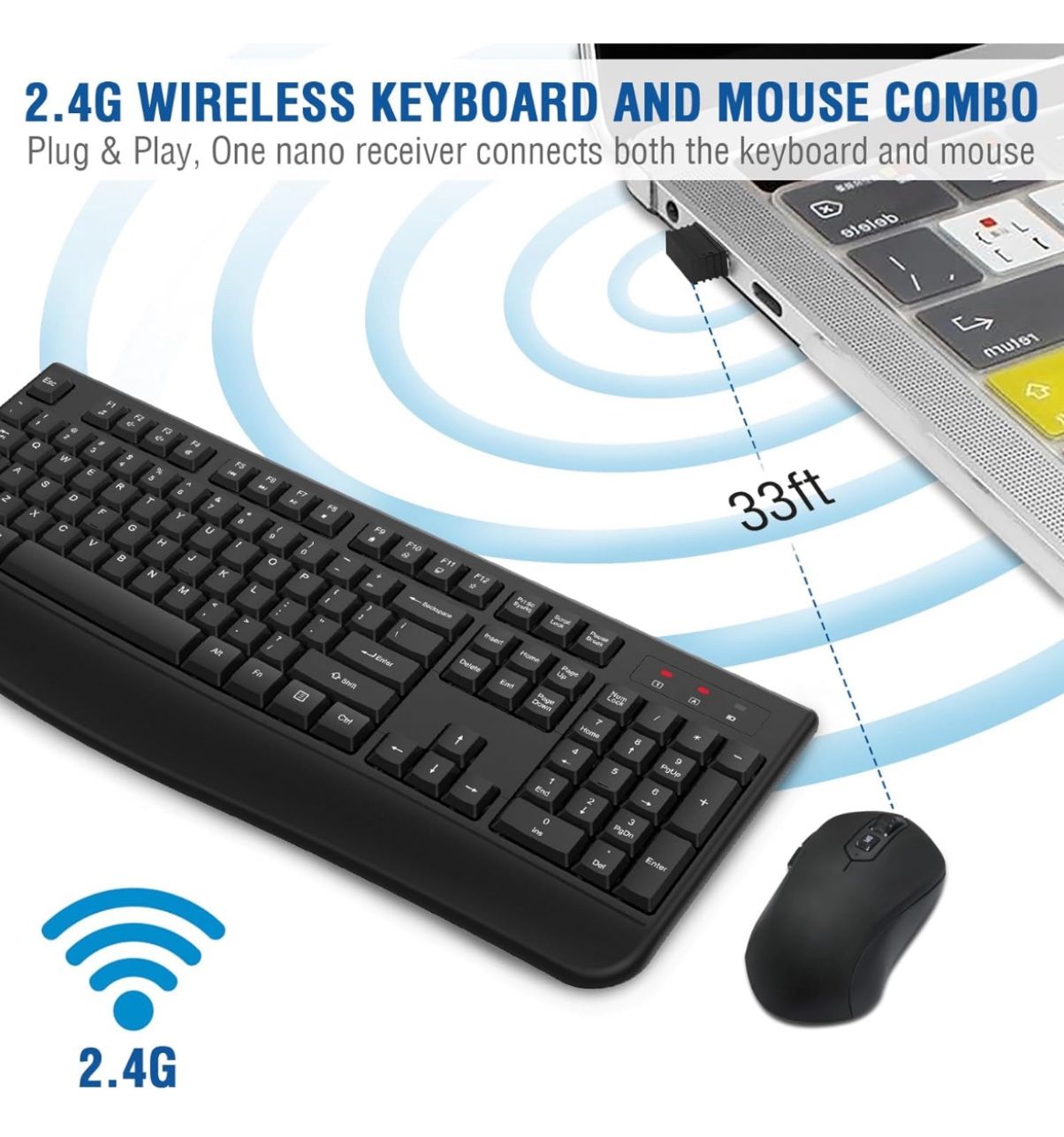 Wireless Keyboard and Mouse Combo, 2.4G Full-Sized Ergonomic Computer Keyboard