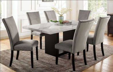 Brand New Black, White & Grey 7pc Formal Dining Table Set w Marble Top