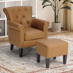 INZOY Accent Chair with Ottoman, Button Tufted Chair with Ottoman Set, Comfy Leather Armchair with Ottoman for Bedroom Living Room, Mid Century Modern