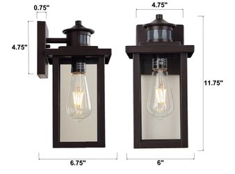 New outdoor wall lights. Two pack has motion sensors. Lights are bronze exterior wall sconces with clear glass. Each light has an Edison-style LED bul
