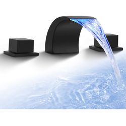 Matte Black Waterfall Bathroom Faucet, LED 8 Inch Widespread Bathroom Faucet 3 Hole, Modern Waterfall Vanity Sink Faucets with 2 Knobs