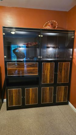 Large Black & Wood Grain Lighted Display Cabinet Wall Unit