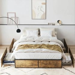 Full Size Platform Storage Bed Frame with 4 Large Drawers, Metal Slats Support-no mattress included 