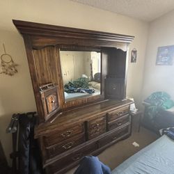 Queen Size Bed Frame, And Dresser With Mirror