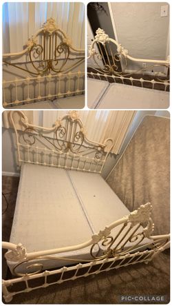 Vintage Ornate Metal King Bed Frame – Ivory & Gold