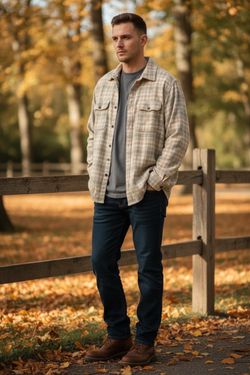 MCEDAR beige plaid brushed flannel shirt.