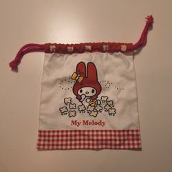 RARE 1997 My Melody Drawstring Bag, Red Check and Floral Pattern 