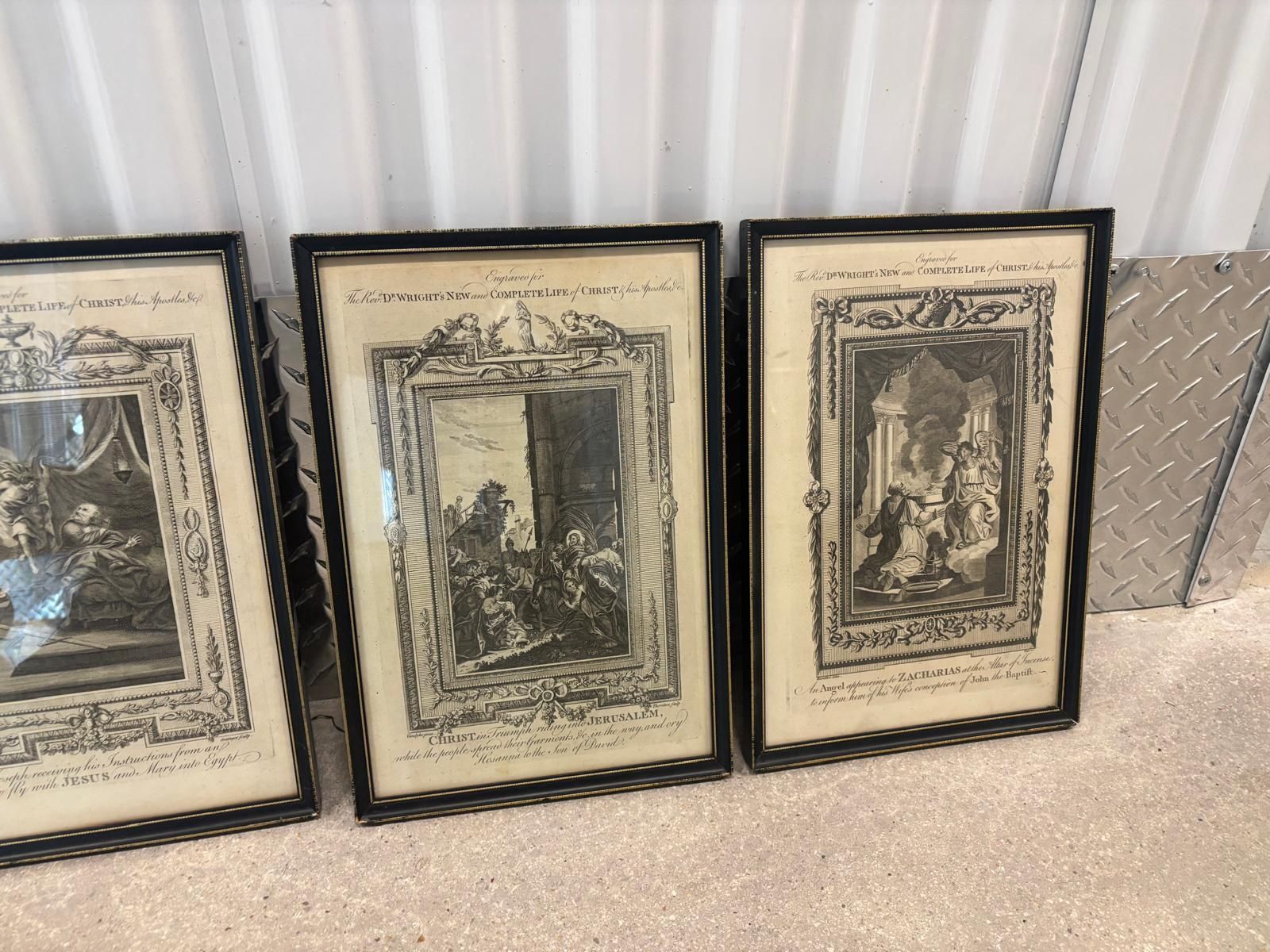 Five antique professionally framed etchings of the life of Christ. 14” x 10”