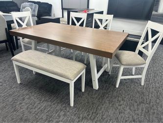 😍 Brand New White & Grey Solid Wood Dining Table Set | 4 Chairs + Bench | Modern Farmhouse Style | Pay After Delivery 🚚
