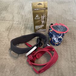 Rock climbing harness, chalk bag and brand new chalk. $75