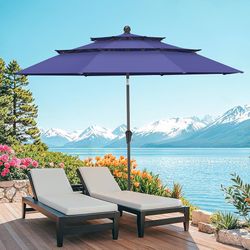 10 FT Patio Umbrella, 3 Tier Outdoor Table Umbrella with 8 Sturdy Glass Fiber Ribs and Push Button Tilt, Outdoor Patio Umbrellas for Market Pool Garde