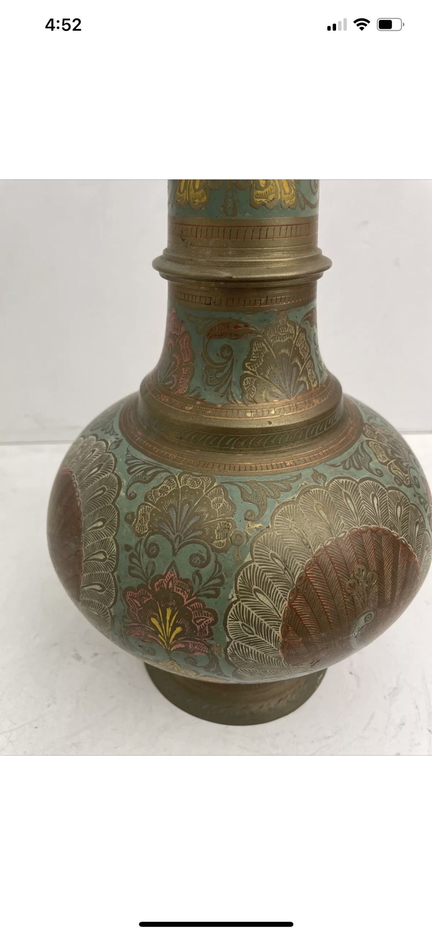 Vintage Hammered and Enameled Brass Turkish Lamp Handpaint Antique 35? RARE