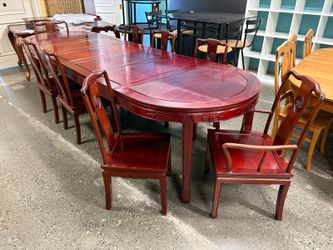 Vintage Chinese Made in Hong Kong Rosewood Extension Table w/ 8 Chairs