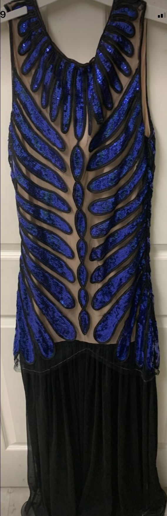 New Black Evening Gown with Royal Blue Sequins And  See Though Black Bottom Size Small 