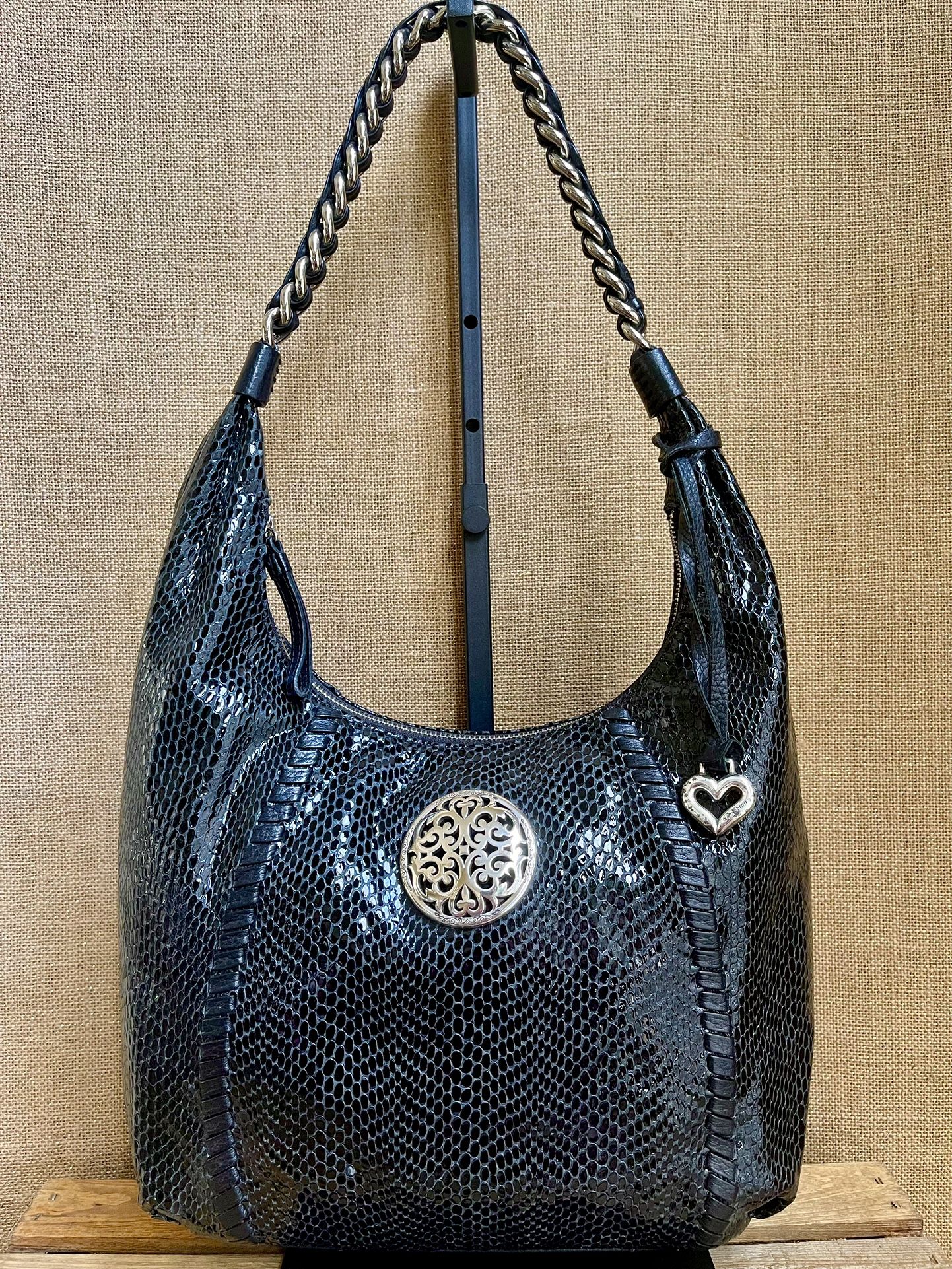 BRIGHTON | RETIRED Medallion Black Snakeskin Print Leather Large Hobo Bag