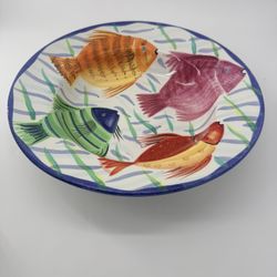 Vintage pottery hand painted fish plate 16”bright Vibrant colors