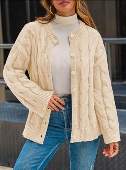 Cable Knit Cardigan Sweater Long Sleeve Button Down Crewneck Beige Sz L
