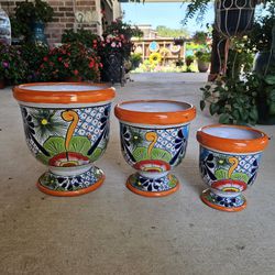 Orange Rim Talavera Urns Set Clay Pots, Planters,Plants, Pottery