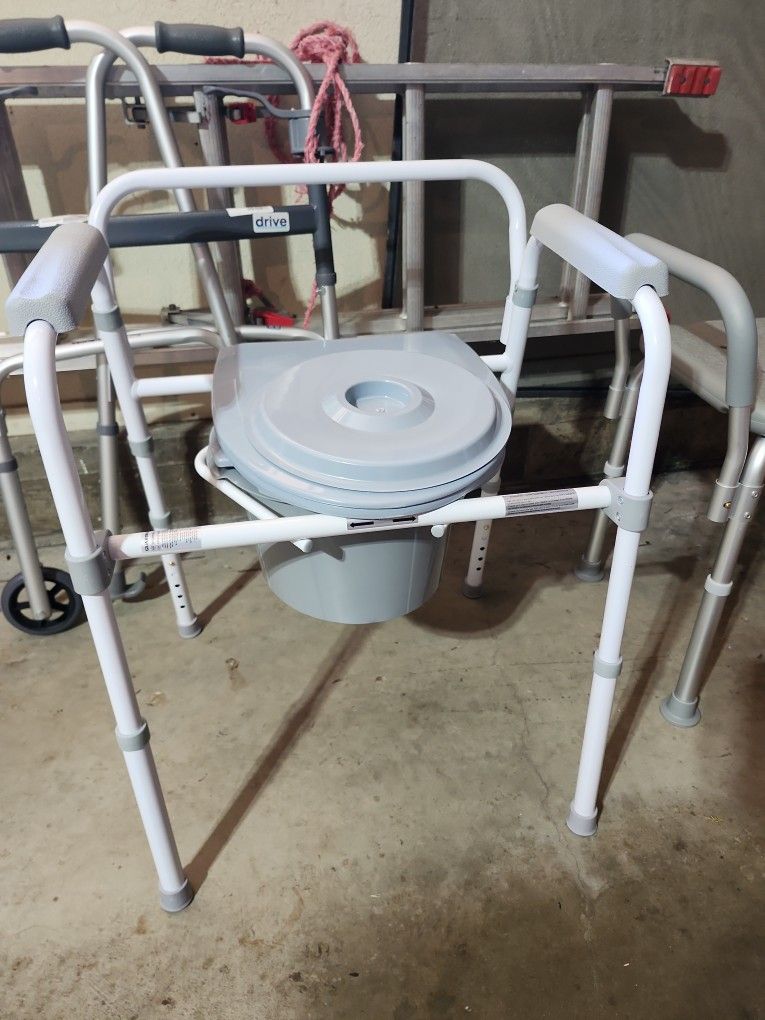 Brand new Walker, shower chair and bedside commode. Medical equipment