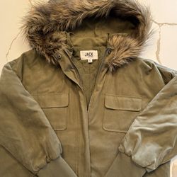Jack By BB Dakota Olive Green Parka with Faux Fur Hood - SZ XS
