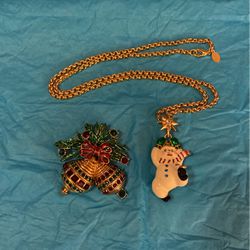Set Of Two Vintage Christopher Radko Christmas Ornament Brooch  And Snowman Necklace 