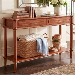 Solid Wood Console Table for Entryway with Charging Station,Retro Entryway Table with 2 Drawers-Easiest Assembly,Sofa Table with Bottom Shelf,Narrow L