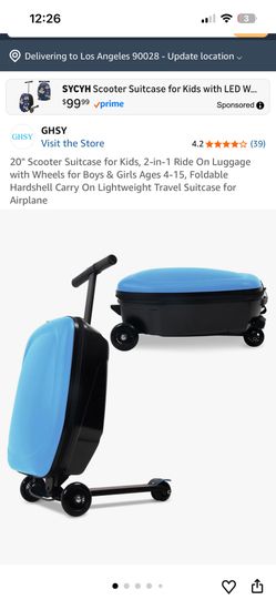 20" Scooter Suitcase for Kids, 2-in-1 Ride On Luggage with Wheels for Boys & Girls Ages 4-15, Foldable Hardshell Carry On Lightweight Travel Suitcase 