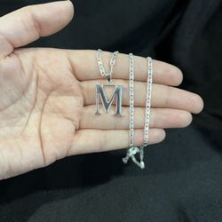 925 Sterling Silver Women Men Letter Initial M Letra & Valentino Chain