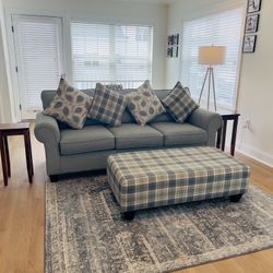 Blue Mint Sofa with pillows & matching Ottaman for Sell (will include rug, end tables and tall lamp)