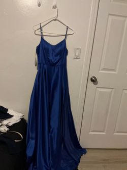 Blue satin floor length formal gown