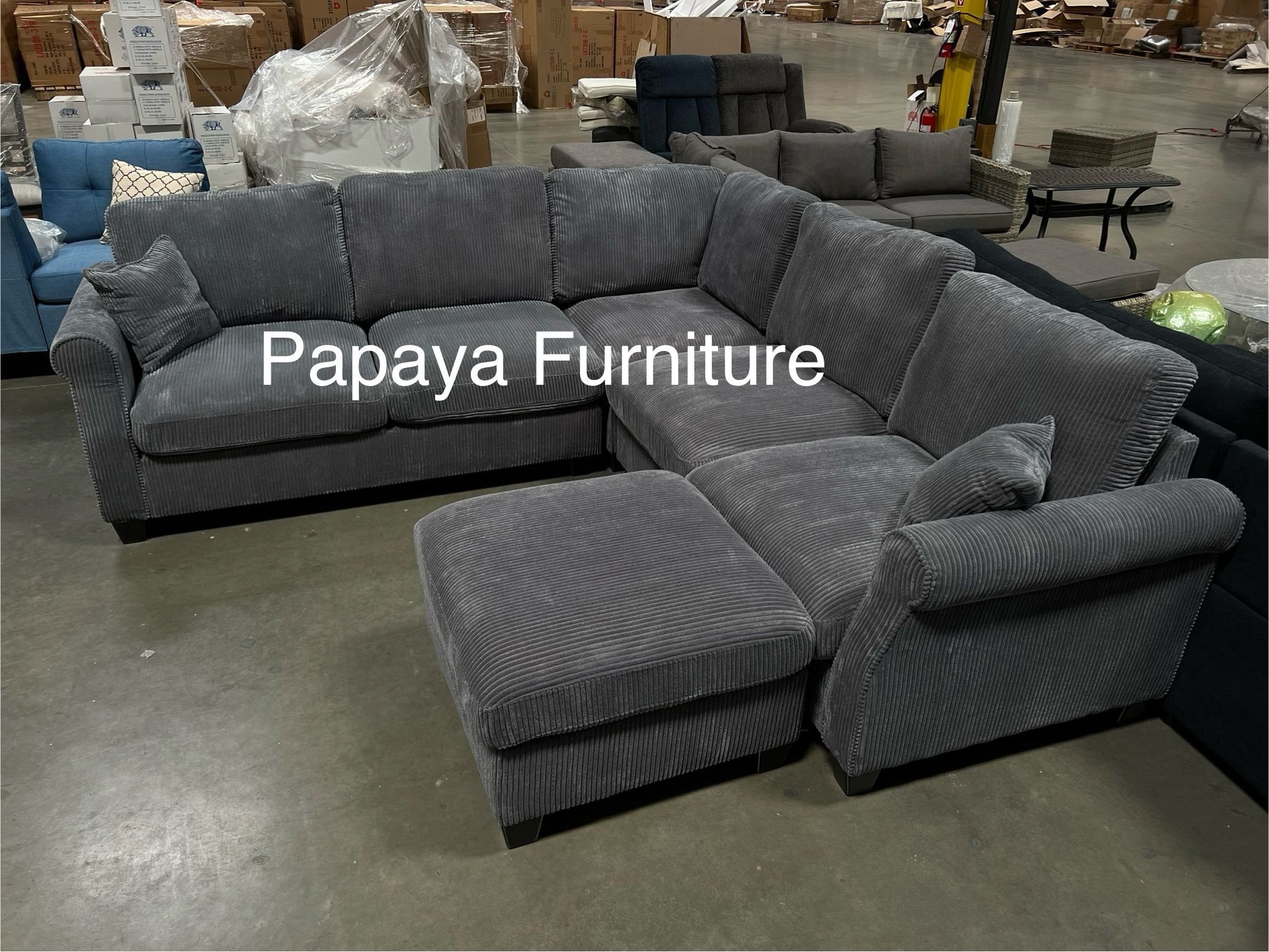 New! Comfy Plush Sectional Couch, Sectional And Ottoman, Grey Sofa, Gray Couch, Corduroy Sectional, L-Shaped Sofa, Living Room Sofa Set, Plush Couch
