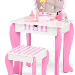 New Costzon Kids Vanity, Girls Vanity Set with Mirror and Stool, Storage Drawer, Wooden Princess Makeup Dressing Table, Kids Vanity Table and Chair Se