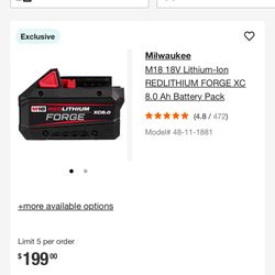 Milwaukee M18 18V Lithium-Ion REDLITHIUM FORGE XC 8.0 Ah Battery Pack